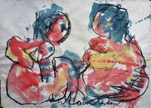 Anton Heyboer - 2 vrouwen 1 met kind kleurrijke schildering . kopen? Bied vanaf 350!