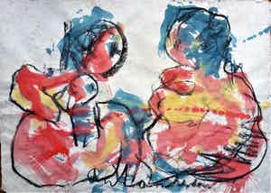 Anton Heyboer - 2 vrouwen 1 met kind kleurrijke schildering . verkocht voor € 350!