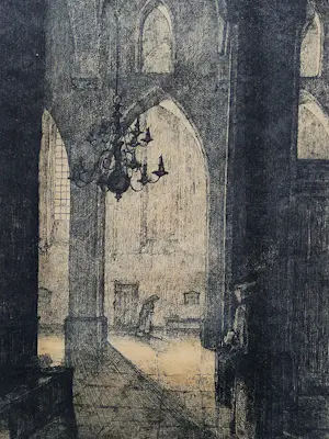Anton Pieck - Fraaie droge naald Ets "interieur st. Joriskerk Amersfoort" (restant) signatuur kopen? Bied vanaf 58!