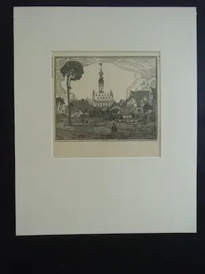 Wijnand Otto Jan Nieuwenkamp - STADHUIS TE VEERE /// HOUTSNEDE VAN W.O.J.NIEUWENKAMP kopen? Bied vanaf 40!