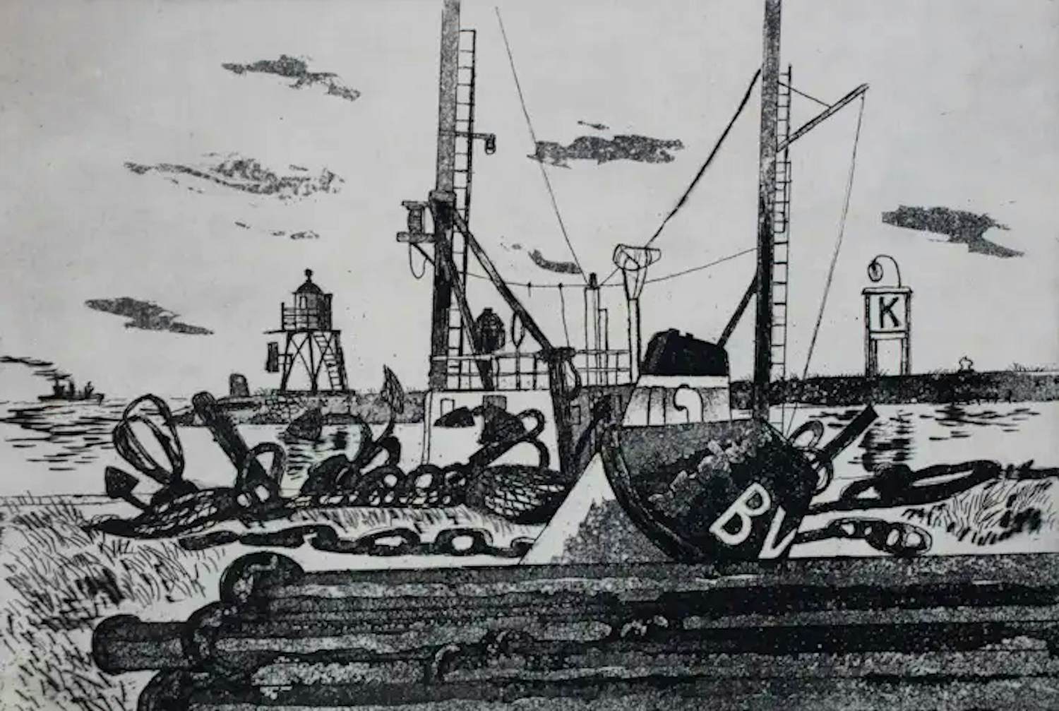 Jos van den Berg - Ets: (IJmuiden)Sleepboot met boei - 1964 kopen? Bied vanaf 45!