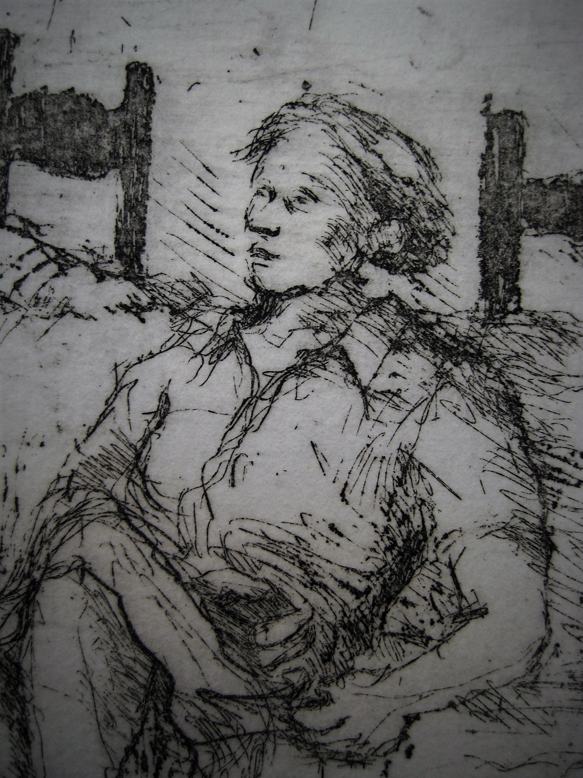 Niet of onleesbaar gesigneerd - Leuke gesigneerde Ets "Echtpaar op de bank"  kopen? Bied vanaf 1!