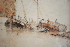 Everhardus Koster - fraai uitgewerkte aquarel met twee bemande botters kopen? Bied vanaf 195!