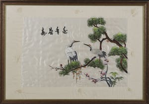 Niet of onleesbaar gesigneerd - Oosters borduursel op zijde, Twee kraanvogels - Ingelijst kopen? Bied vanaf 1!