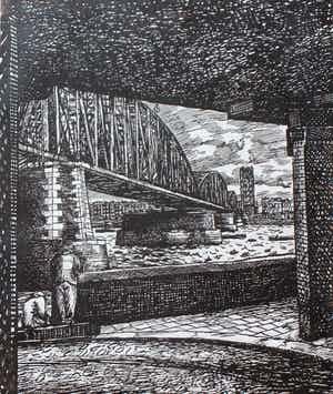 Herman Bieling - Houtsnede: Maasbruggen R'dam - 1930 verkocht voor € 55!