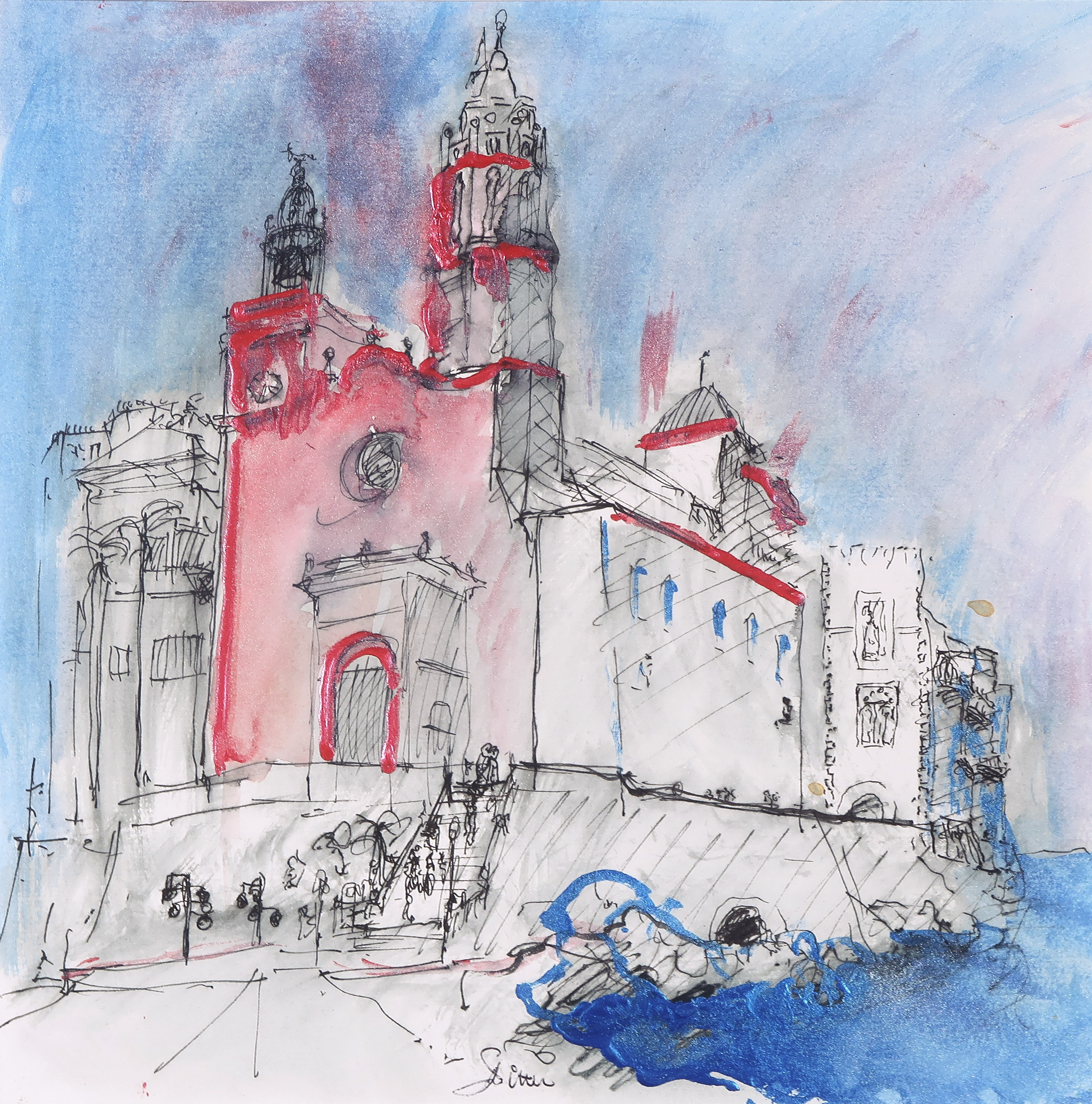 Franscz Witte - Pentekening en aquarel, Kathedraal kopen? Bied vanaf 1!