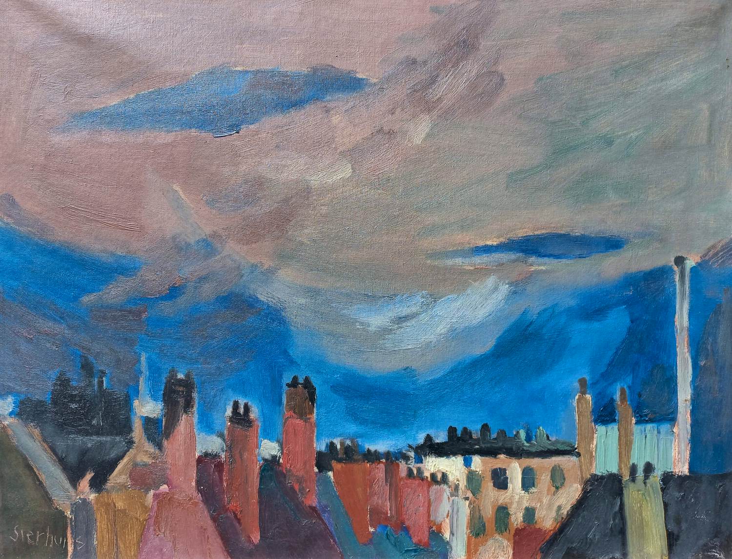 Jan Sierhuis - Amsterdams stadsgezicht, olieverf op doek (ingelijst) verkocht voor € 450!