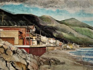 Leslie Gabrielse - GROOT! - Geweldige gemengde Techniek Collage "Sea Cliff California" gesign kopen? Bied vanaf 10!