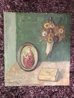 Jan Linschooten - gevarieerd stilleven met o.a. droogboeket en religieus portret in lijstje kopen? Bied vanaf 1!