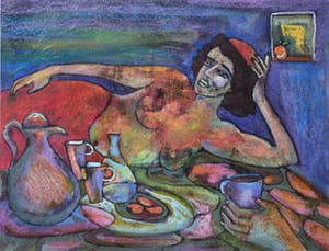 Franca Muller Jabusch - Gemengde techniek op papier o.a. acryl en krijt, z.t. Ontbijt op bed kopen? Bied vanaf 35!