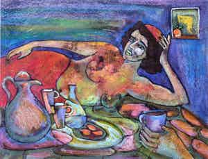 Franca Muller Jabusch - Gemengde techniek op papier o.a. acryl en krijt, z.t. Ontbijt op bed verkocht voor € 35!