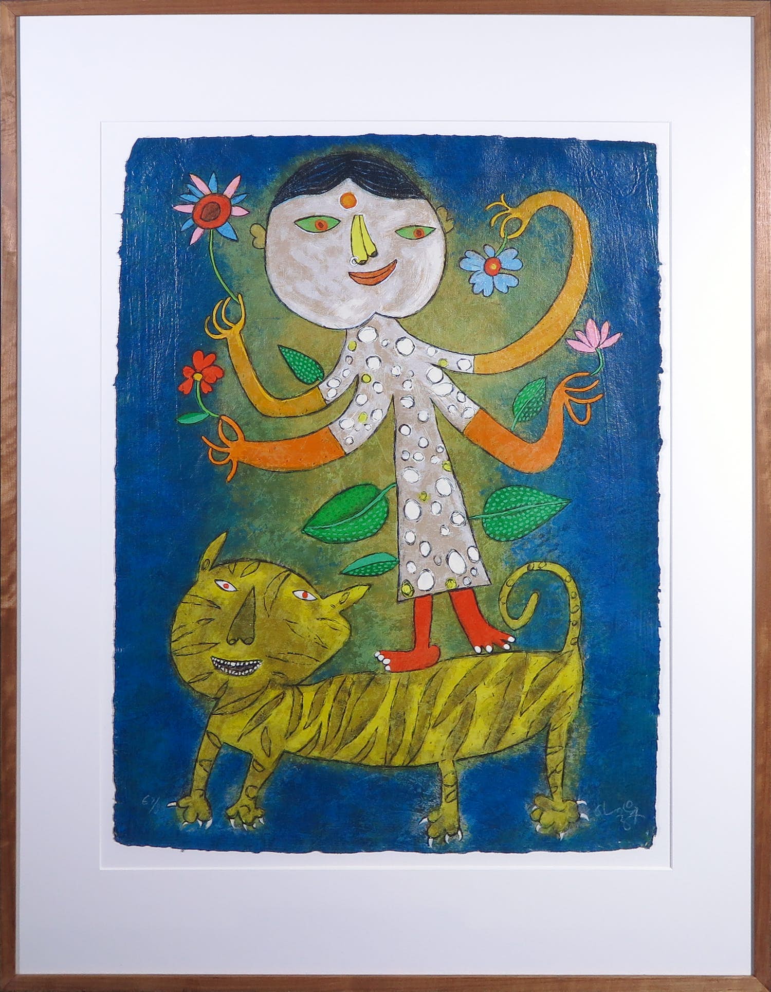 Shahid Parvez - Zeefdruk, Meisje met tijger - Ingelijst (Groot) verkocht voor € 40!