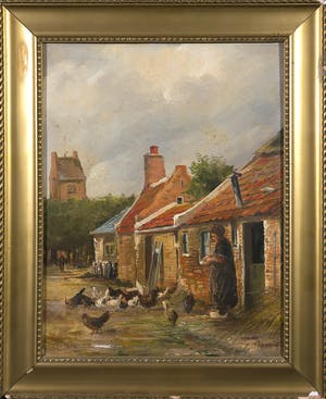 Niet of onleesbaar gesigneerd - Olieverf op paneel, Meisje met kippen kopen? Bied vanaf 1!