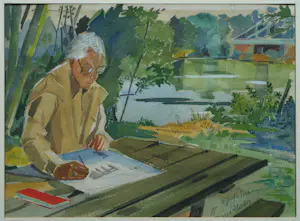 Margot Hudig-Heldring - Ingelijste aquarel , Zelfportret , Aan de Loire – Lijst, 32 x 42 cm - 1977 kaufen? Bieten Sie von 50!