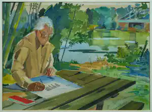 Margot Hudig-Heldring - Ingelijste aquarel , Zelfportret , Aan de Loire – Lijst, 32 x 42 cm - 1977 verkauft für € 50!