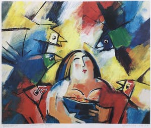 Rem de Boer - Vrouw met vogels | offsetlitho - ingelijst kopen? Bied vanaf 25!