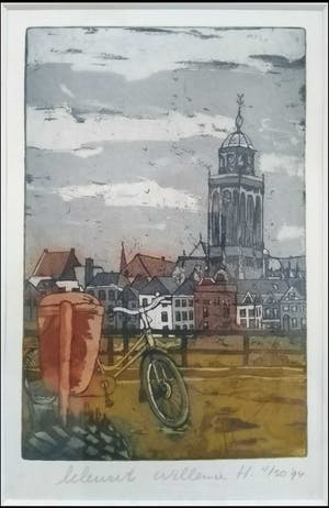 Willemien Holterman - Kleurenets "Zicht op Deventer met fiets." 1994 kopen? Bied vanaf 30!