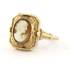 14k geelgouden ring met middenstuk om klap baar bezet met camee en onyx kopen? Bied vanaf 320!