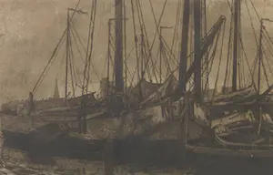 Niet of onleesbaar gesigneerd - Ets, Zeilschepen in de haven kopen? Bied vanaf 1!