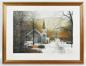 Harold Altman - Church at crossing- Kleurenlitho - Fraai ingelijst kopen? Bied vanaf 150!