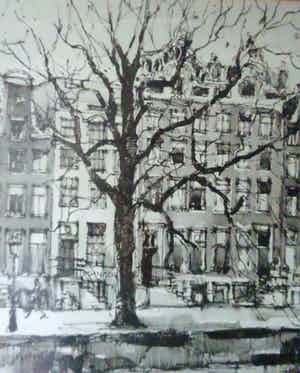 Jan Korthals - Aquarel/ Indian Ink: Munttoren en Grachtenpanden Amsterdam verkocht voor € 85!