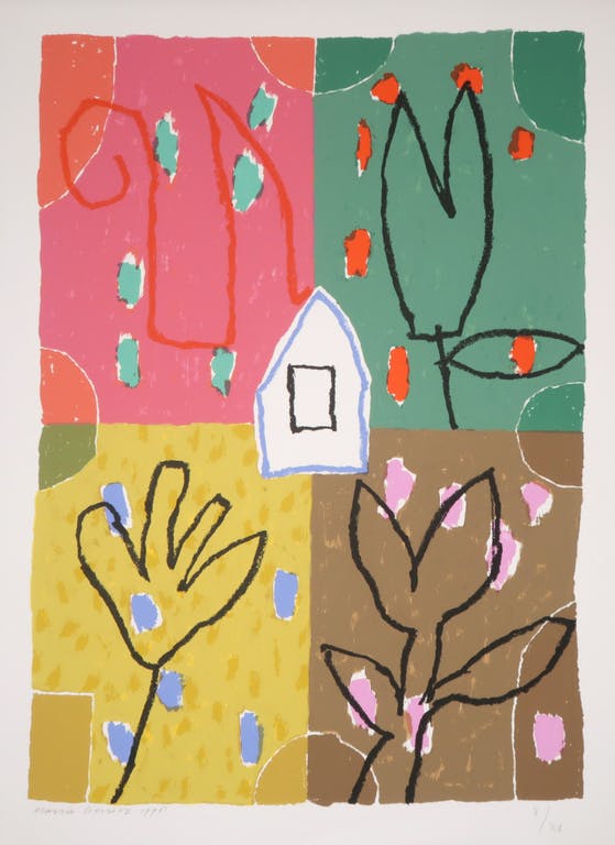 Harrie Gerritz - Harrie Gerritz: Zeefdruk, Z.T. Compositie met huis en bloemen kopen? Bied vanaf 35!