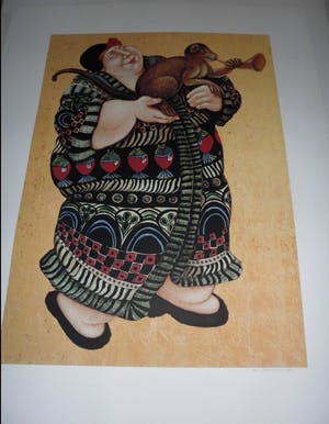 Ada Breedveld - Zeefdruk. z.t. (Dame in kimono met aap) kopen? Bied vanaf 35!