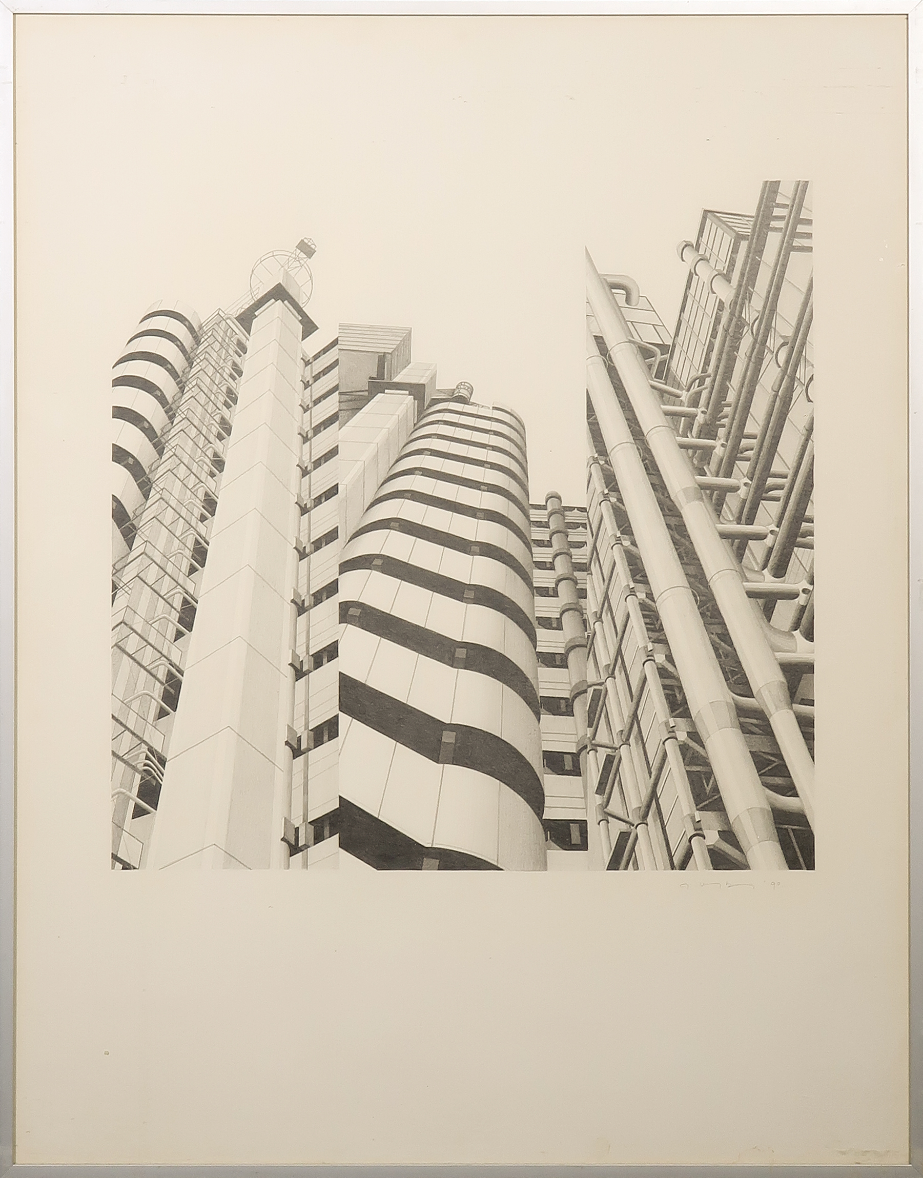 Niet of onleesbaar gesigneerd - Potloodtekening, Lloyds-gebouw, Londen - Ingelijst verkocht voor € 1!