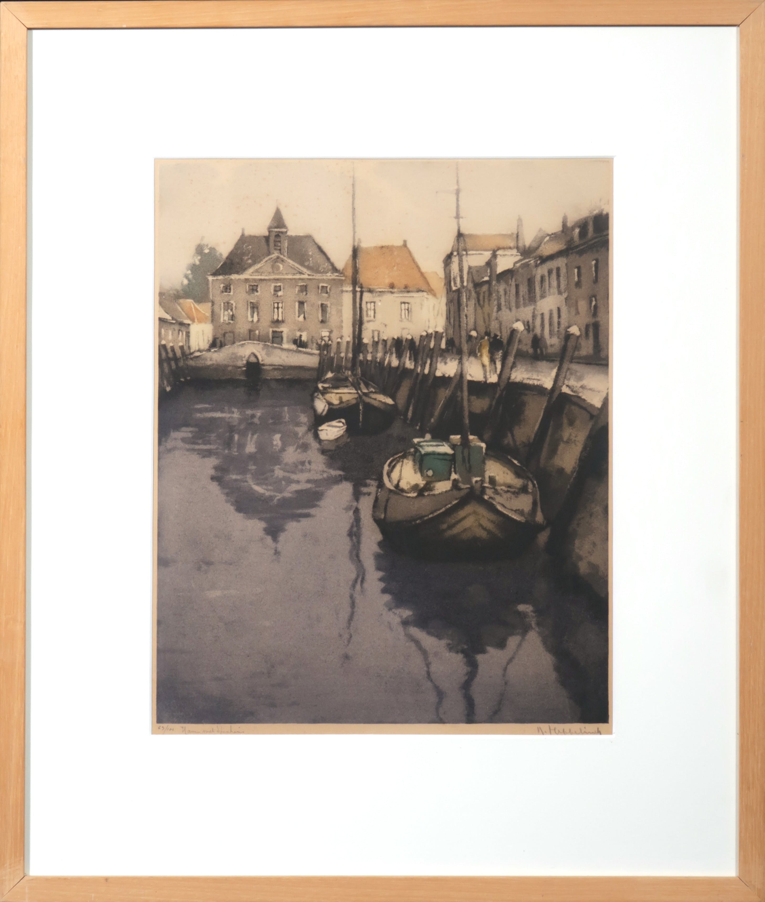 Roger Hebbelinck - Kleurenets op papier, Haven met Spuihuis - Ingelijst verkocht voor € 35!