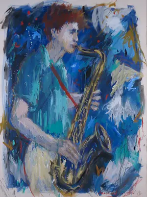 Annemarie de Groot - Acryl op papier, Saxofoon speler - Ingelijst (Groot) kopen? Bied vanaf 200!