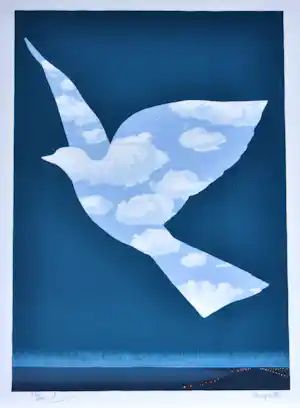 Rene Magritte - (naar) L’oiseau de ciel (1966), Lithografie, 60x45 cm verkocht voor € 435!