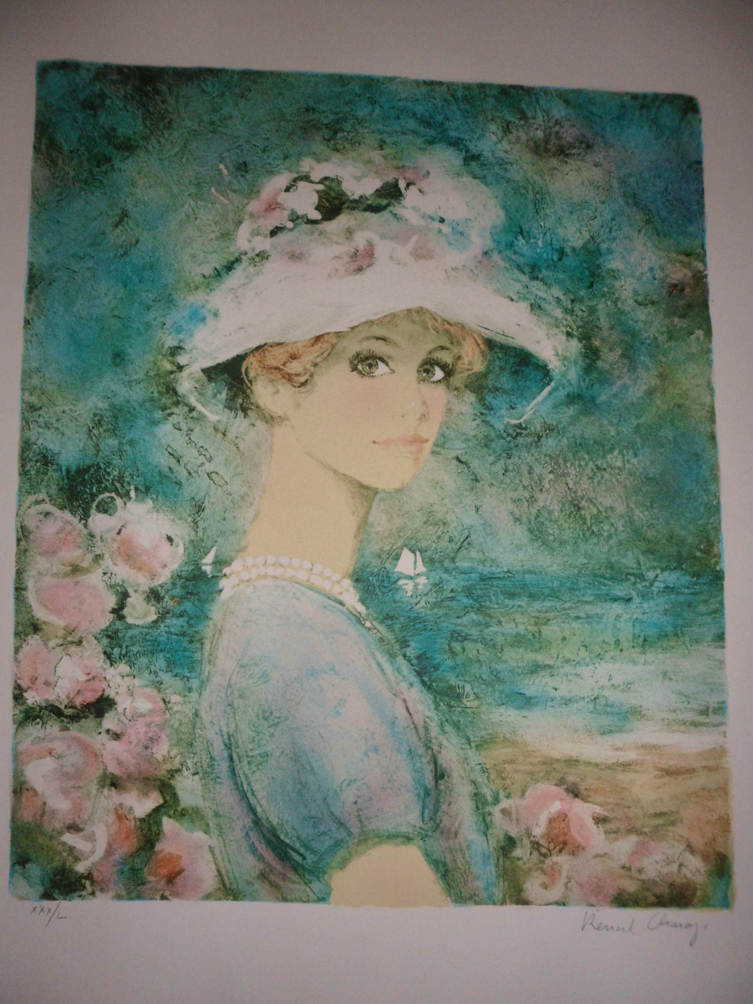 Bernard Charoy - Litho. Portret van een vrouw met hoed. verkocht voor € 35!