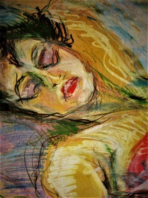 Gabriëlle Huig - Rietveld Acad. 1966 - Geweldig expressionistisch Pastel "Slapende Dame" GROOT!! kopen? Bied vanaf 10!