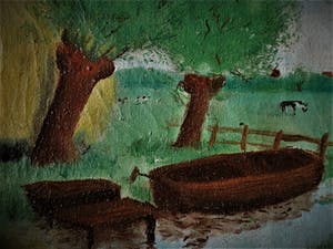Niet of onleesbaar gesigneerd - Origineel 1938 Hollandse naïef schilderkunst - "bootje in Polderlandschap" gesig kopen? Bied vanaf 10!