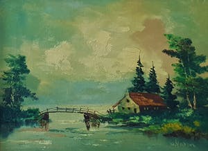 Niet of onleesbaar gesigneerd - Een landscape met huis kopen? Bied vanaf 1!