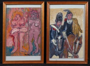 Pieter Haan - Acryl op board, Lot van twee werken met figuren - Ingelijst kopen? Bied vanaf 1!