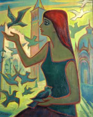 Klaas Pijlman - Olieverf op doek , “Duivenmeisje Venetië” – GROOT - ingelijst – 1962 verkocht voor € 150!