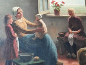 Henri Heyligers - vrouw met kinderen in boereninterieur kopen? Bied vanaf 400!
