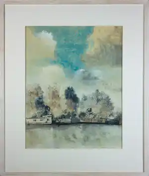 Jose Calsina - Pen/ Aquarel op papier, Woonboten- Ingelijst verkocht voor € 40!