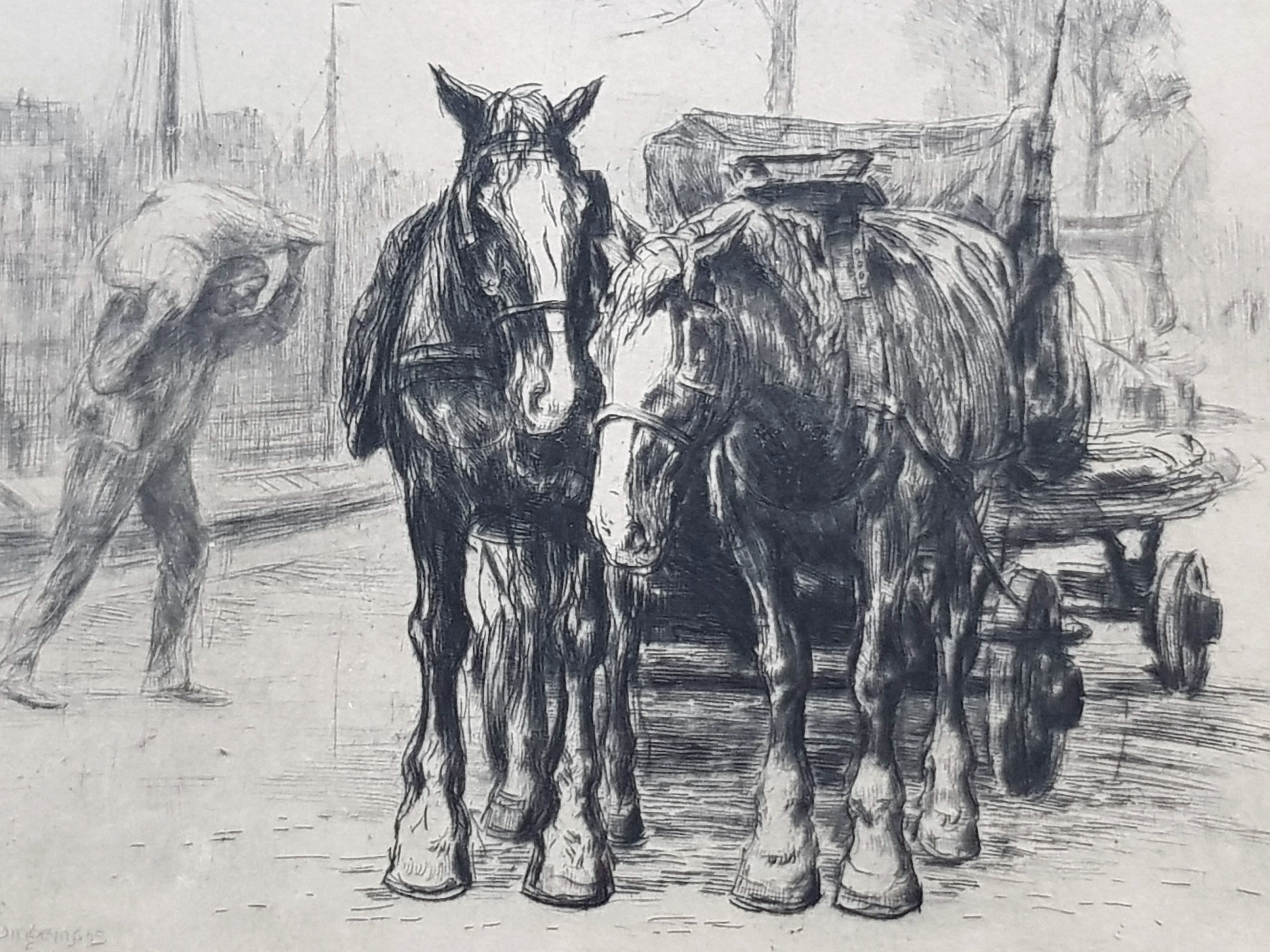 Waalko Jans Dingemans (sr.) - Werkende man met paard en wagen - Dubbel gesigneerd kopen? Bied vanaf 25!