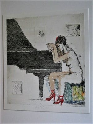 Aat Veldhoen - Bijzondere met Aquarel ingekleurde Ets "Vrouw achter piano" gesigneerd kopen? Bied vanaf 61!