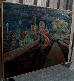 Dirk Breed - Ingelijste olieverf op doek: Noord-Hollands landschap met huizen langs een dijk kopen? Bied vanaf 1500!