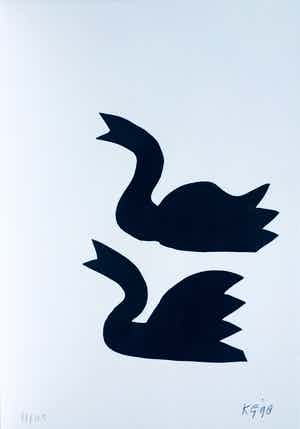 Klaas Gubbels - linosnede ‘Zwarte zwanen’ uit 1998 - oplage 125. verkocht voor € 175!