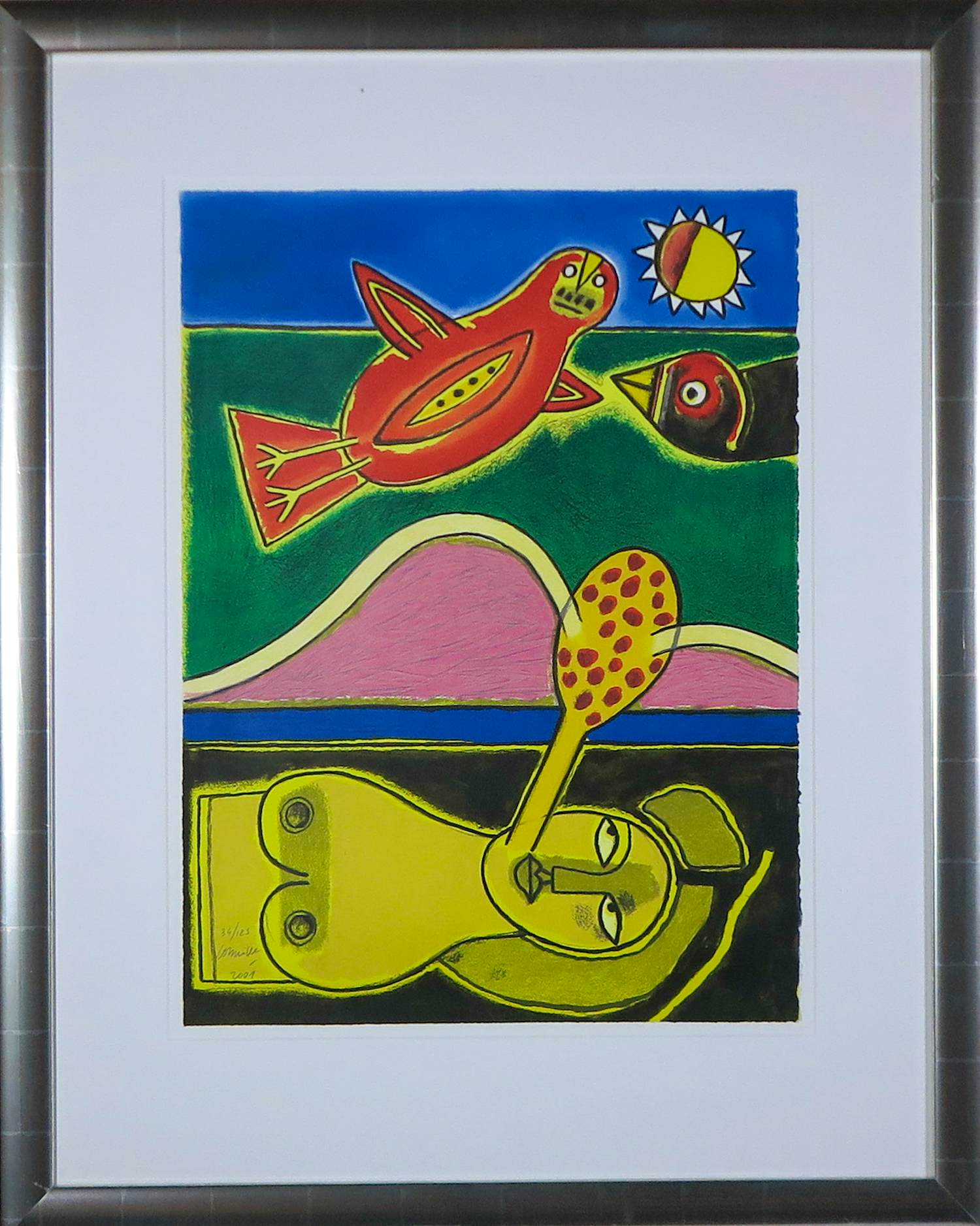 Corneille - Zeefdruk op geschept papier, L'oiseau rouge et femme nude - Ingelijst verkocht voor € 250!