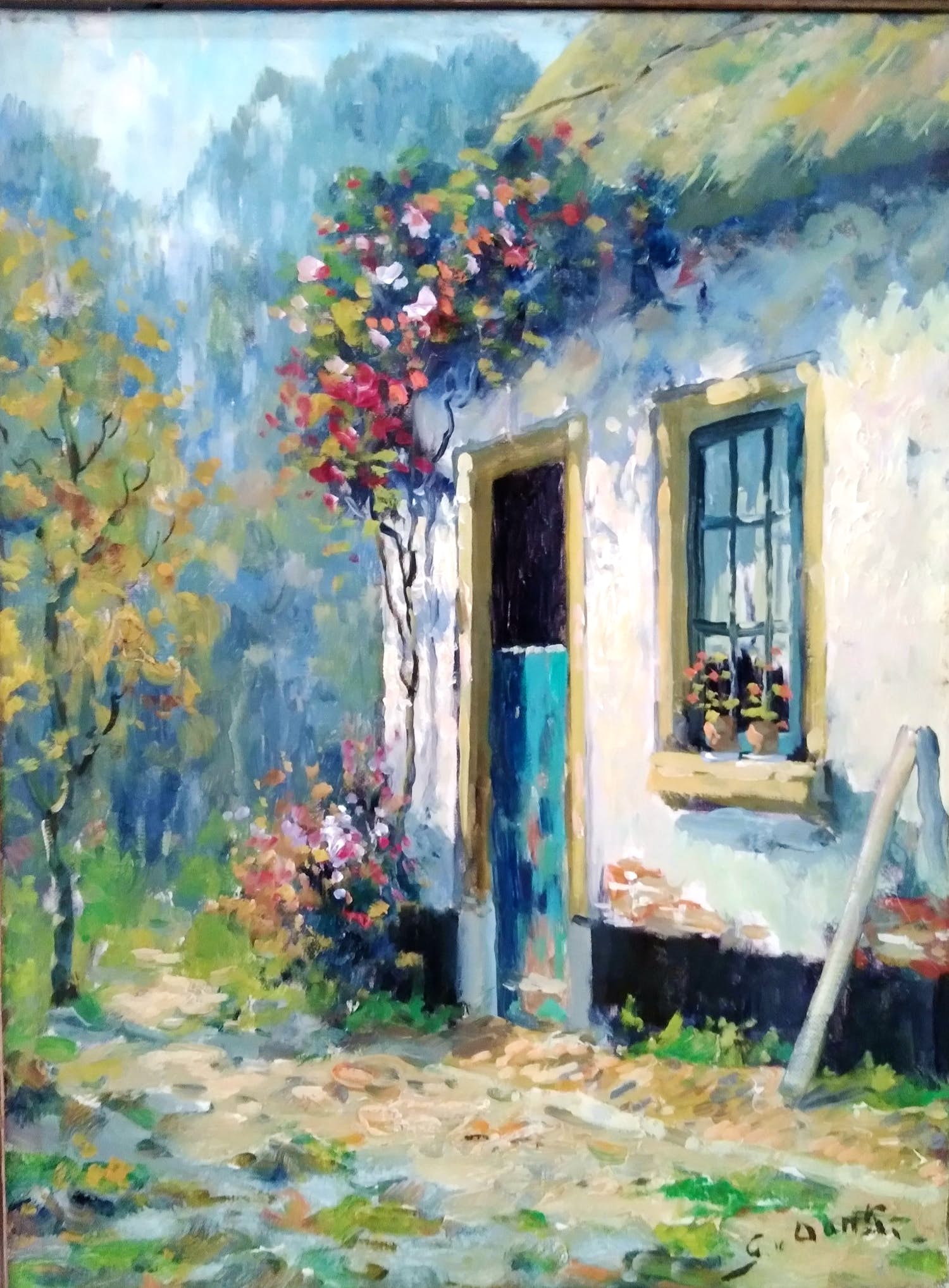 Niet of onleesbaar gesigneerd - G. van Donk, 'Zomers huis', hand gesigneerd verkocht voor € 1!