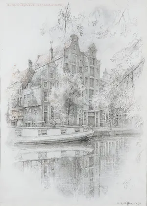 Willem Gerard Hofker - Potlood en pastelkrijt, Herengracht-Roomolenstraat - Ingelijst kopen? Bied vanaf 1200!