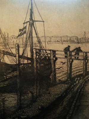 Jan Schonk - GROTE gesigneerde ets "Botters in Haven IJmuiden" omstreeks 1930 kopen? Bied vanaf 1!