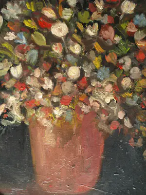 Niet of onleesbaar gesigneerd - Ovaal ingelijst , Olieverf op doek , Bloemstilleven – ca. 1950 kopen? Bied vanaf 1!