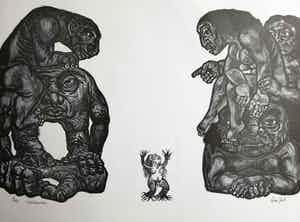 Lou Strik - "TOESCHOUWERS" / ZW-W LINOSNEDE / 39x54cm / SIG verkocht voor € 43!