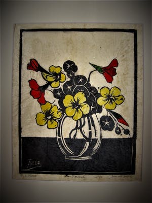 Jac. de Beer - Verstilde handingekleurde Houtsnede "bloemen in vaas" kleine oplage 3/50 kopen? Bied vanaf 20!